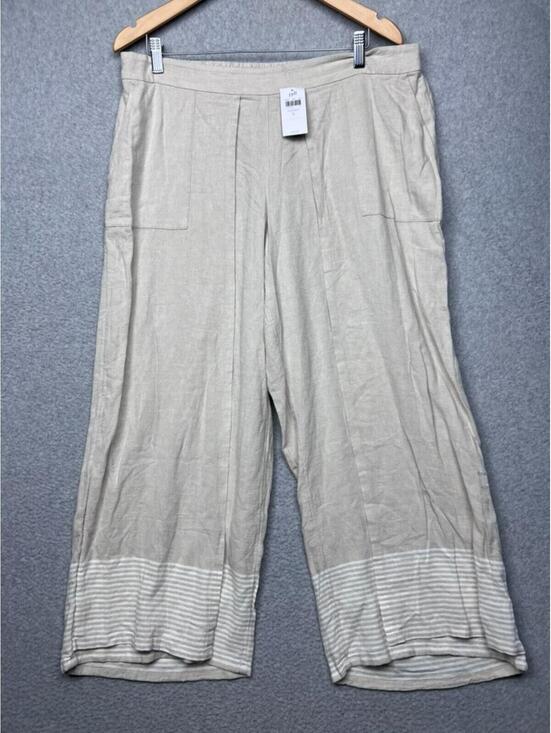 Pure Jill Pants - Pure Jill Linen Wide Leg Pants L Beige Striped Border Hem Crop Coastal Boho New